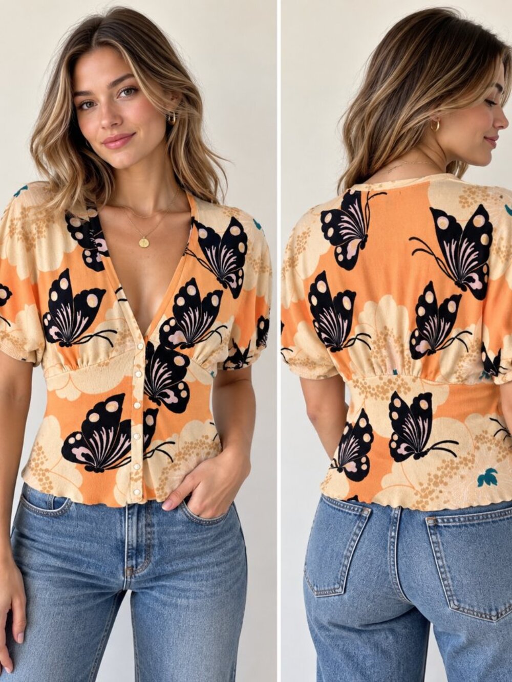 Lucky Brand Vintage Y2K 2000s Butterfly Floral Cardigan Women's M Short Sleeve